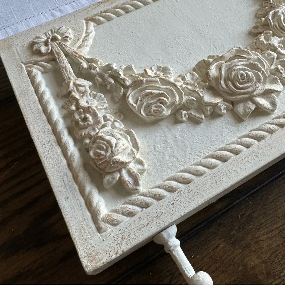 vintage-style decorative white rose wall hook panel with sculpted floral designs